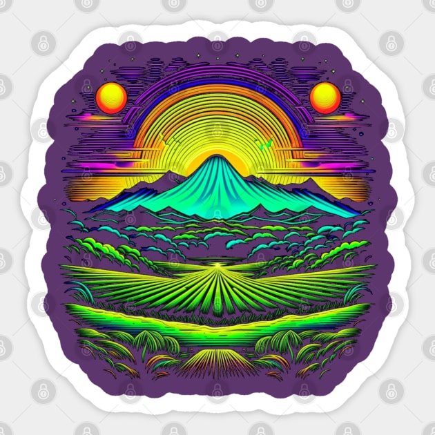 Suns, Mountain and Field on Alien Planet Sticker by vystudio